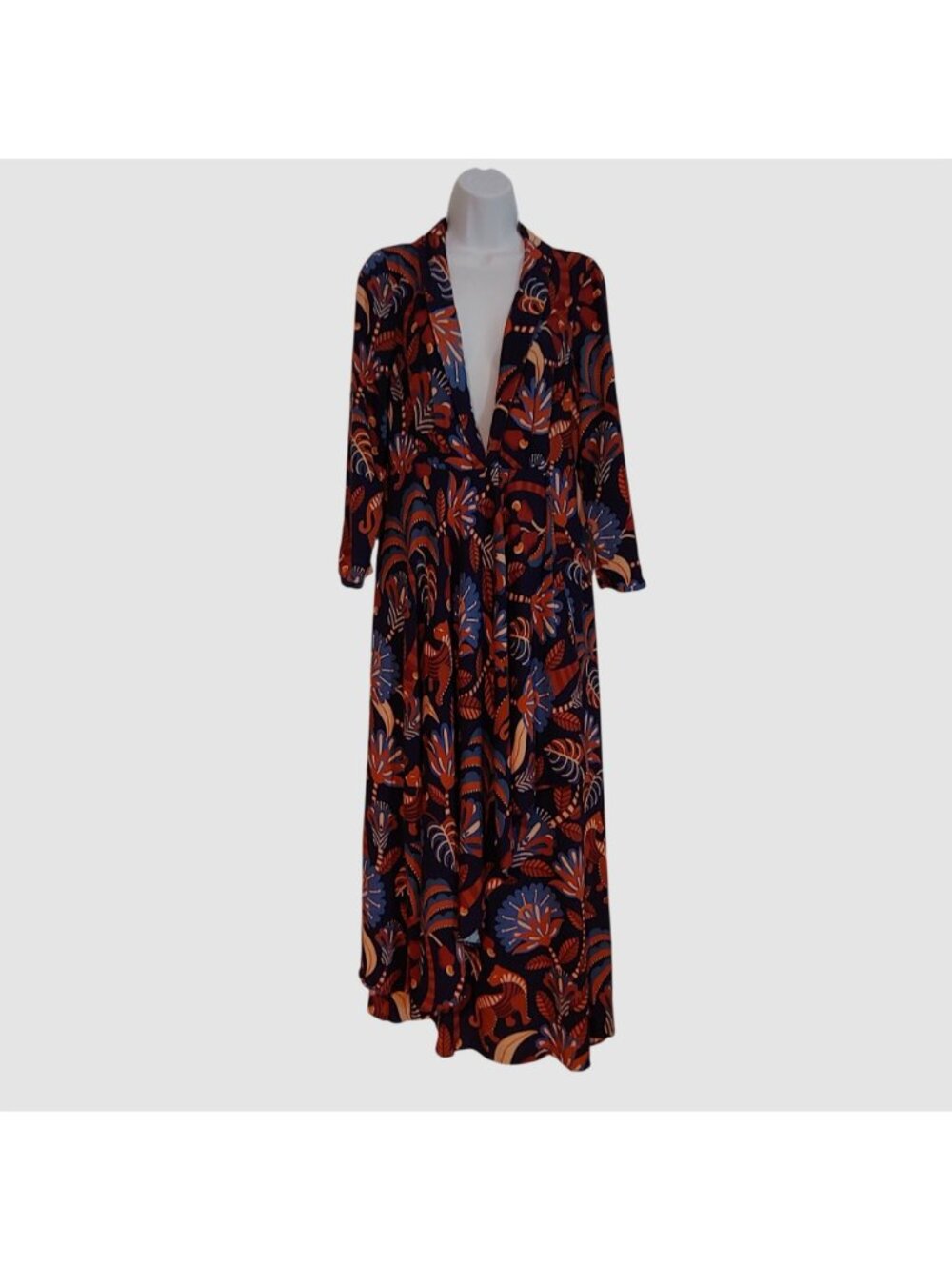 Farm Rio Faux Wrap Maxi Dress Tiger Jungle Floral Animal Print Boho L Art Fairy - Picture 2 of 15